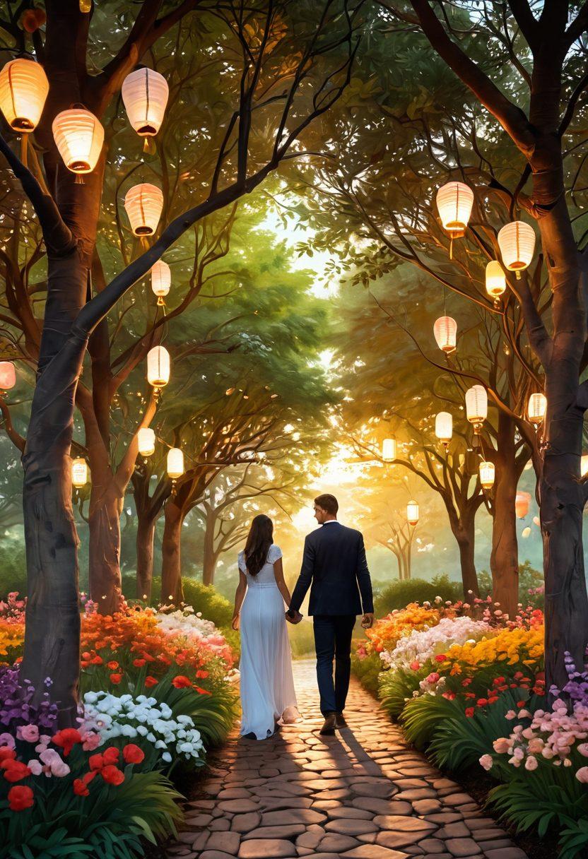 A serene and romantic scene featuring a couple holding hands while walking through a lush garden filled with blooming flowers and soft, glowing lanterns hanging from trees. The background contains a tranquil sunset with warm hues, reflecting the essence of love and connection. Elements like intertwined hearts or subtle symbols of affection can be subtly integrated into the garden. super-realistic. vibrant colors. soft focus.