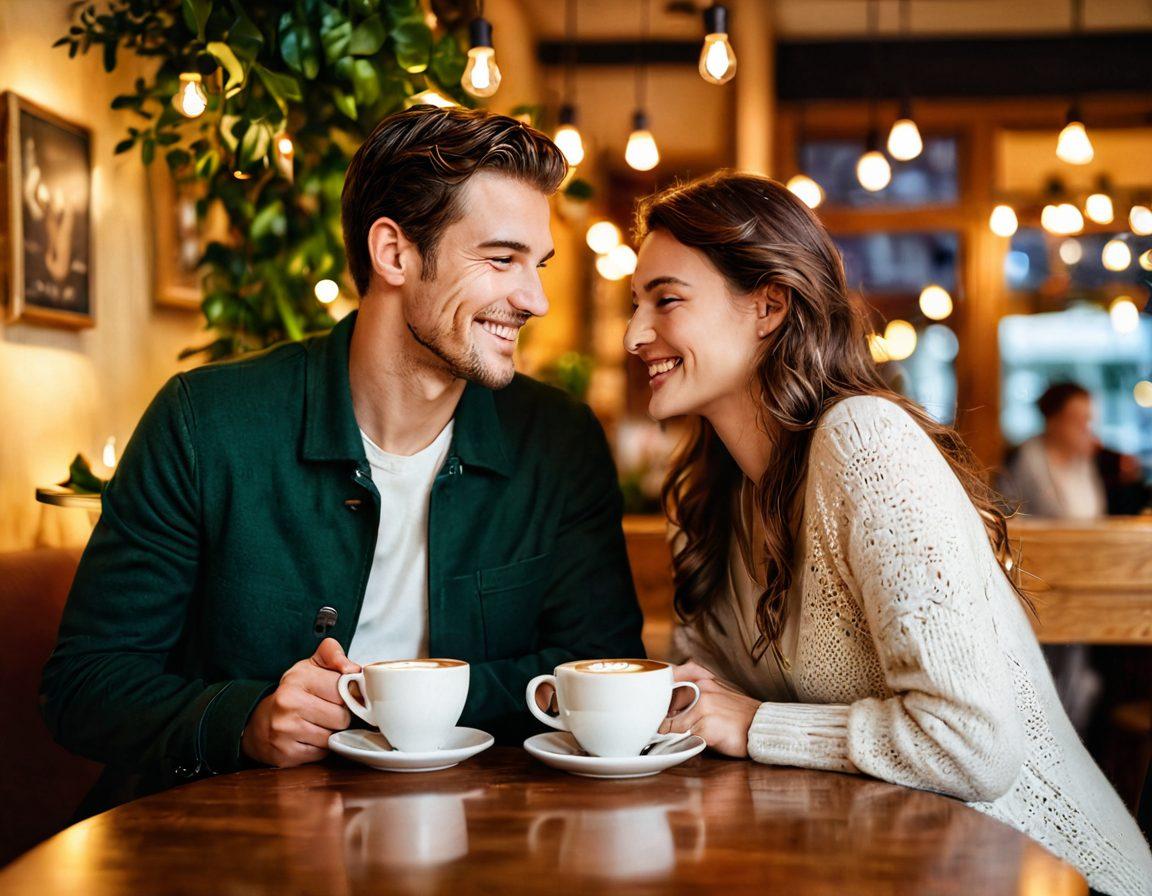 A romantic scene depicting a couple in a cozy café, sharing smiles and laughter over coffee, with subtle symbols of commitment like a heart-shaped latte art and intertwined hands. The background shows soft fairy lights and lush greenery, embodying warmth and intimacy. Soft focus on the couple, highlighting their connection, while the café ambiance conveys a sense of a blossoming relationship. super-realistic. warm colors. vibrant bokeh.