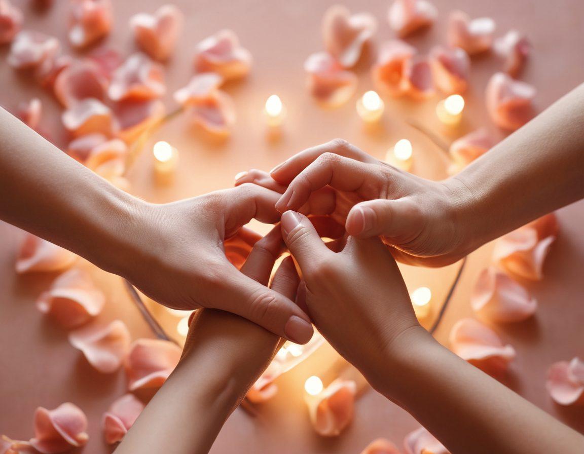 A close-up of two hands gently intertwining, symbolizing deep emotional connection, surrounded by delicate heart-shaped petals and soft, warm lighting. In the background, a blurred glimpse of a couple sharing a loving gaze, embodying the essence of intimacy in relationships. The color palette should be soft pastel hues, enhancing the romantic atmosphere. super-realistic. warm tones. soft focus.